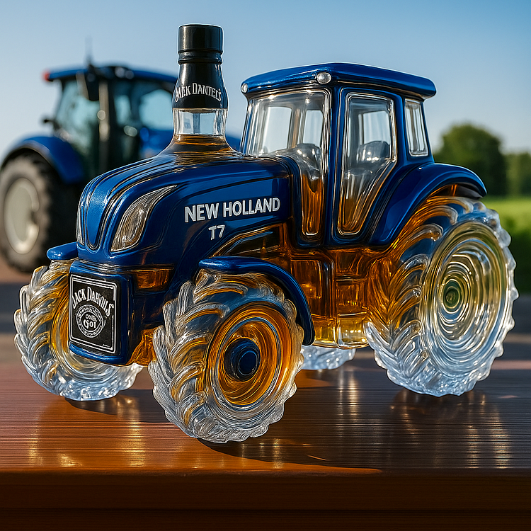 Traditional whisky bottle in the shape of a New Holland T7 tractor